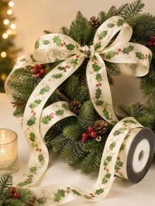 1pc Vintage Holly Print Fabric Ribbon, Suitable For Gift Wrapping, Holiday Party Celebration Bow Decoration, Also Can Be Used For Sewing DIY Handmade Crafts - Multicolor - View 5