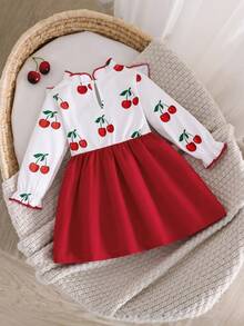 Baby Girl Autumn Fruit Print Cherry Pattern Long Sleeve Dress With Bow Decoration, Waist-Cinching A-Line Silhouette, Slightly Elastic, Suitable For Daily Wear And Gift Giving - Red - View 2