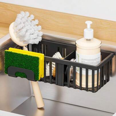 3 In 1 Kitchen Sink Caddy Sponge Holder With Suction Cup And Adhesive,Plastic Rust-Proof Kitchen Scrubber,Dish Scrub,Dish Soap Holder,Black Hanging