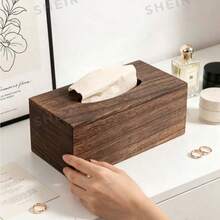 1pc Minimalist Nordic Style Rectangular Flip Lid Walnut Wood Napkin Box, Natural Wood Grain Solid Color, Long Rectangular Living Room Tissue Storage Box, Smooth Tissue Slot, Vanity Tissue Holder, Home Daily Use, Housewarming Gift, Christmas Gift, All Seasons - Coffee Brown - View 2