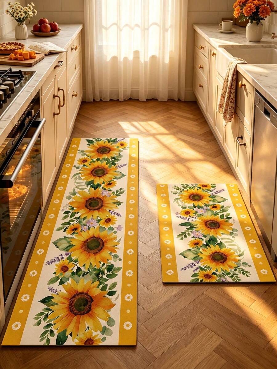 1/2pcs Autumn Sunflower Pattern Vintage Diatomaceous Earth Bath Mat, Super Absorbent, Non-Slip, Perfect For Bathroom, Kitchen And Dining Room, Quick Dry, Ideal Home Decor And Bathroom Mat Gift, Holiday Gift! - Multicolor - View 1