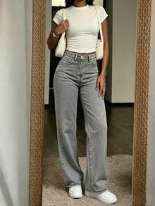 Women's Fashion Vintage Grey Straight Leg Jeans, Loose Drape Slimming Street Style Long Pants - Grey - View 2
