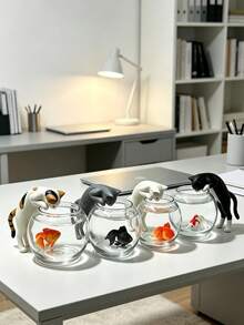 Cute Miniature Cat Catching Fish Figurine; Adorable Cat Catching Fish In Front Of An Aquarium - Perfect For Home/Car Dashboard Decoration. One Random Design. Suitable For Living Rooms, Bedrooms, Desks, Offices, And Other Home Decor. - A - View 2