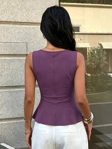 1pc Solid Color Knit Fabric Ruffle Trim Casual Top, Summer - Purple - View 5