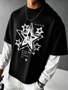 Men's Spring/Autumn 2 In 1 Long Sleeve T-Shirt, American Retro Graffiti Star Streetwear Base Layer Top - Black - View 3