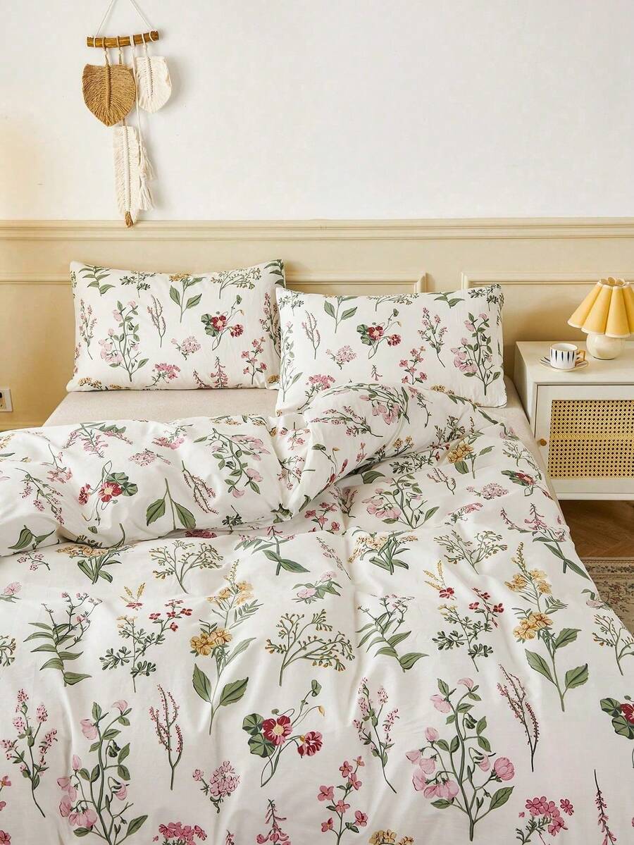 2/3pcs Spring Green Leaf & Floral Print Duvet Cover Set (Without Pillow Insert), Breathable & Super Soft, Suitable For All Seasons (1pc Duvet Cover + 1/2pcs Pillowcase, Without Pillow Insert), Soft Dual-Color Design, Suitable For Modern Bedroom And Guest Room, Available Sizes: Super King, King, Standard Double, Single, Also Suitable For Dorm Use. - Multicolor - View 1