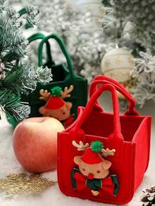 Christmas Felt Square Treat Gift Tote Bag, Handheld Holiday Goody Pouch With Adorable Reindeer Applique Bow Bell Detail, Festive Apple Candy Storage Bag For Xmas Party Home Gifting Adults, Cute Winter Favor Sack For Holiday Celebrations - Multicolor - View 7