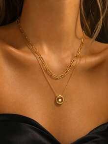 VceTd 2PCS Romantic Style Heart Pendant With Paperclip Chain Layered Necklace Set, Stainless Steel For Women, Suitable For Daily Wear, Dating Or Valentine's Day Gift - Yellow Gold - View 1