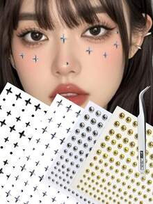 2/4 Sheets Black Silver Cross Round Dot Face Stickers Eye Nail Gem Decals Self-Adhesive Sticker For Music Festival Y2K Party Makeup Body Decor Concert Look Face Gems - Multicolor - View 8