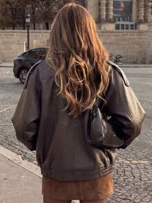 Women's Long Sleeve Stand Collar Faux Leather Jacket - Dark Brown - View 2