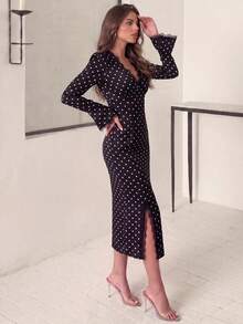 Women Deep V Neck Polka Dot Dress Lace Trim Flare Long Sleeve Side Slit Apparel For Fall Winter Cocktail Party Going Out - Black - View 5