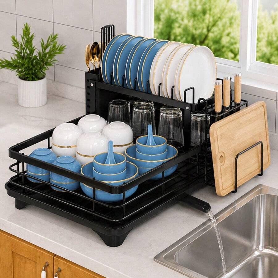 Large Capacity Dish Drying Rack With Drainboard, Kitchen Counter Dish Drainer With Utensil Holder & Drainage Tray