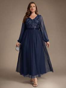 EVERPRETTY Plus Size Elegant Luxury Heavy Beaded Embroidered Mesh Patchwork Long Sleeve Navy Blue Formal Evening Gown Suitable For Party Wedding Guest - Navy Blue - View 3