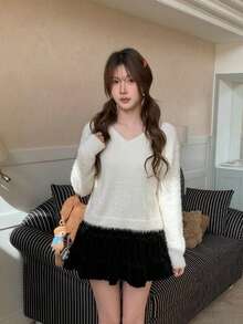 Korean Style V-Neck Plush Short Sweater Women Autumn/Winter Soft Cozy Gentle Pullover Knit Top - White - View 3