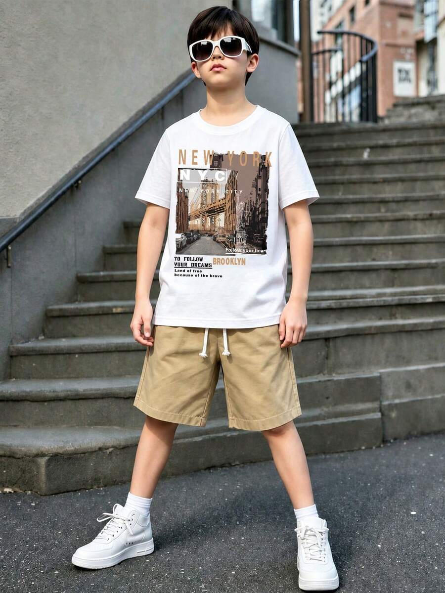 青少年男孩風景圖案短袖T恤和束腰短褲兩件套