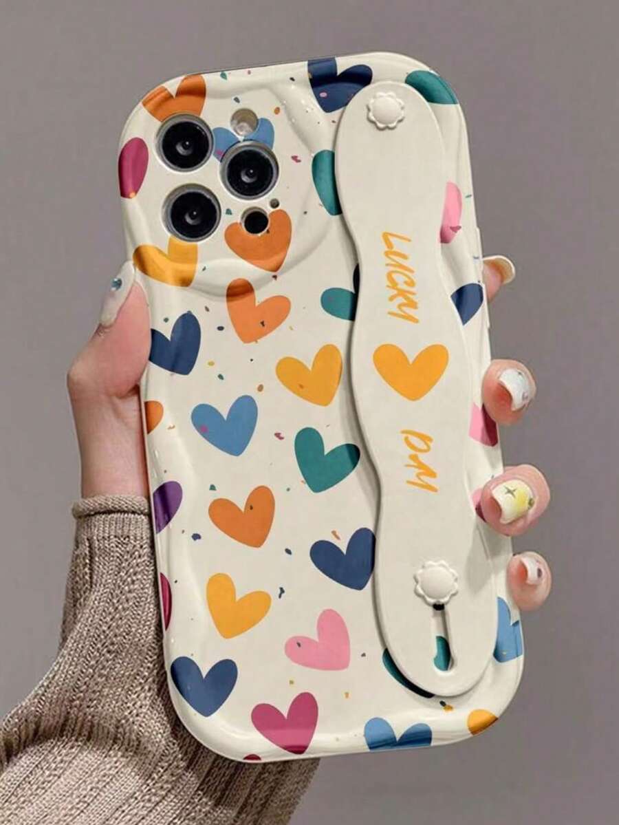 A Stylish Wristband, Heart-Print, Thickened, Highly Drop-Proof Phone Protective Case, With Stand Function, Compatible With Apple Series, - Multicolor - View 1