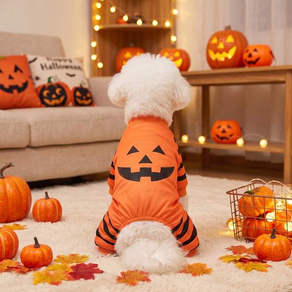 1pc Dog , Pumpkin Ghost Face Striped Print Pet Four-Legged Outfit, Suitable For Small/Medium Dogs, Puppies, Cats, Perfect For Halloween Party, Halloween Costume, Halloween Gift