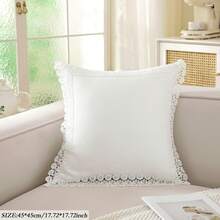 ABEST6522 Home&Living store 1pc 100% Polyester Lace Trim Pillow Case, Faux Linen Texture Solid Color Cushion Cover, Square Rectangle Suitable For Sofa, Bedroom, Living Room Home Decor, Pillow Insert Not Included - White - View 4