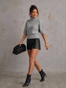 Women's Elegant Grey Short Sleeve High Neck Knit Top, Short Sleeve Ribbed Sweater, Casual Short Basic Pullover, Suitable For Daily Wear, Commuting, College Style, Back To School Season - Grey - View 4