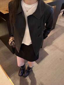 Women's New Spring/Autumn Minimalist Casual Turn-Collar Short Leather Jacket, Korean Style Loose Versatile Top - Black - View 7