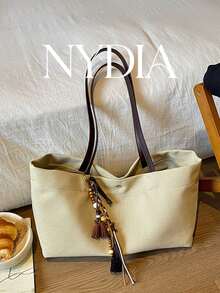 1pc Large Capacity Beige Canvas Women's Shoulder Tote Bag, Durable And Lightweight Commuter Bag With Beaded Charm, Suitable For Work, Commute And Travel - Beige - View 2