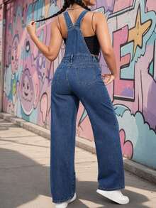 Women's Casual Denim Overalls with Pockets, Sleeveless Straps Long Jumpsuit, Cute Fall Non-Stretch Cami Style for Everyday Wear - Azul - Ver 3