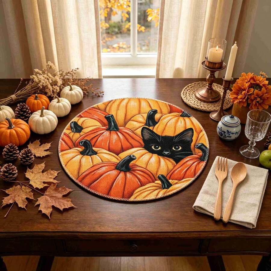 1/4/6pcs Autumn Collection Black Cat In Pumpkin Pile Hand-Painted Pattern Placemats, Polyester Fiber, Suitable For Home Kitchen Table Decoration And Party Scene Decor - Multicolor - View 1