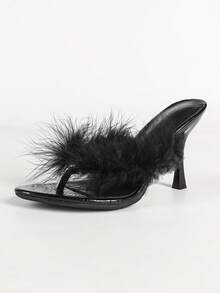 Women's Fluffy Feather Decor Thong High Heel Mule Shoes, Round Toe Open Toe Slip-On Stiletto High Heel Sandals, Party Evening Dress Shoes - Black - View 7