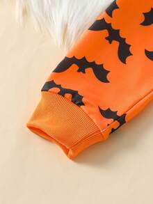 2Pcs Girls 2 Pieces Set Short Hollow-Out Bat Print Sweatshirt & Elastic Ribbed Slim Fit Cami Dress, Casual Vacation Halloween Autumn - Orange - View 8