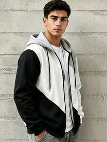Men's Casual Zip-Up Hoodie With Contrast Color, Thermal Lining, Autumn/Winter, Long Sleeve Top - White - View 3