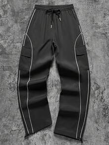 Black Side-Stripe Cargo Wide Leg Pants, Double Drawstring American Streetwear Loose Straight Leg Casual Long Pants For Men - Black - View 3