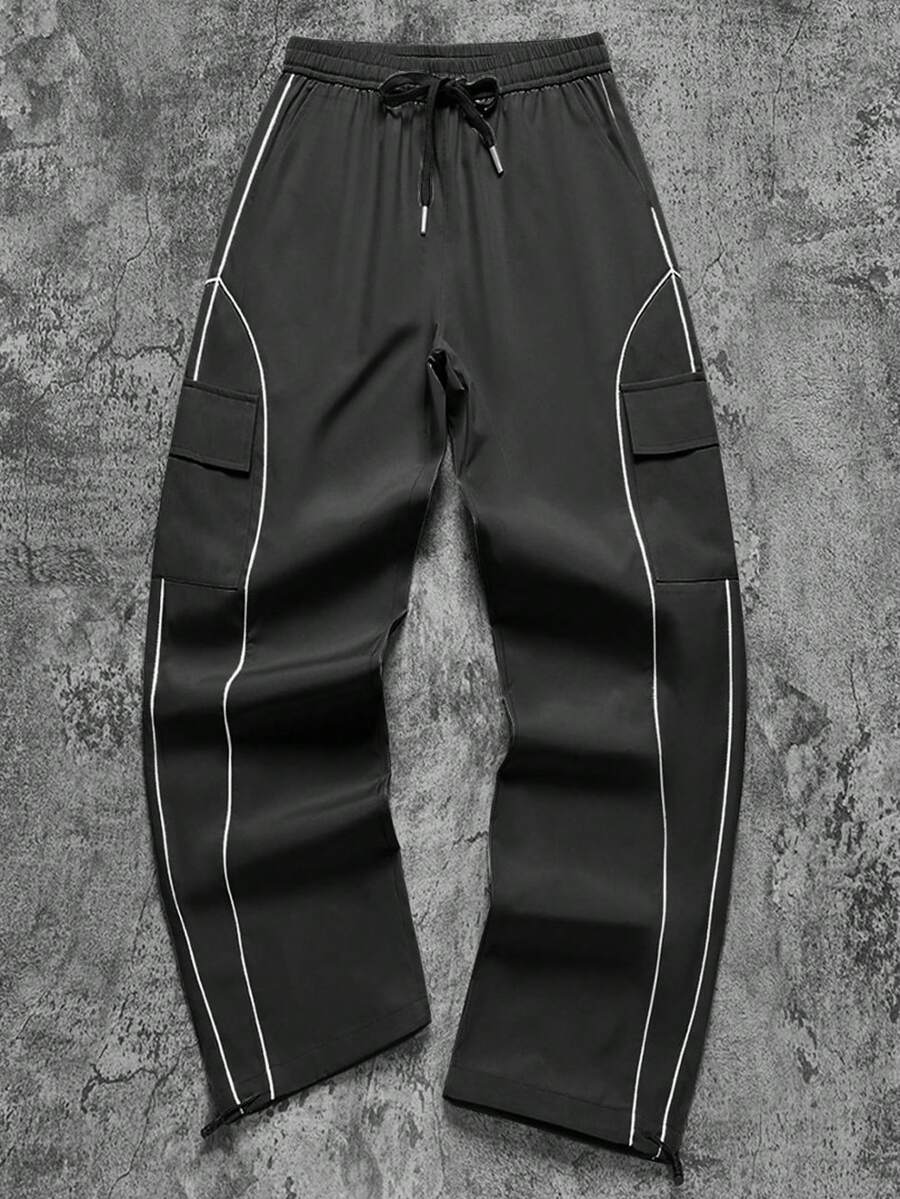 Black Side-Stripe Cargo Wide Leg Pants, Double Drawstring American Streetwear Loose Straight Leg Casual Long Pants For Men - Black - View 1