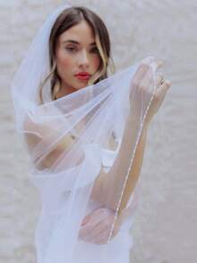 1pc Handmade Crystal Beaded Edge Bridal Veil With Hair Comb, Suitable For Wedding, Party, Photography, Cathedral - Straight White - View 12