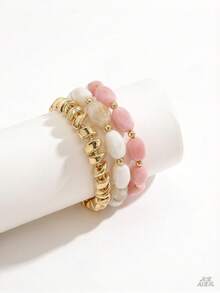 Juego de 3 pulseras gruesas de cuentas para mujer, cuentas texturizadas rosa y blanco con cuentas doradas asimétricas, joyería de mano personalizada de varias capas y estilo moderno, adecuada para uso diario, fiestas, vacaciones y regalos - Rosa - Ver 4