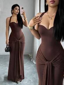 Spring/Autumn Solid Color Halter Tie Sleeveless Cinched Waist Long Elegant Dress, Party Date Dinner Afternoon Tea Evening Gown, Summer - Dark Brown - View 5