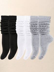 1/3/6 Pairs Random Color Loose Long Socks, All-Match Black White Gray Versatile Socks, Suitable For Girls And Little Girls, Girls Clothing Accessories - Multicolor - View 1