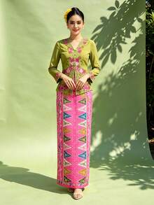 1pc Women's Printed Elegant Nyonya Skirt, Spring/Summer - Pink - View 4