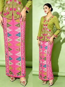 1pc Women's Printed Elegant Nyonya Skirt, Spring/Summer - Pink - View 1