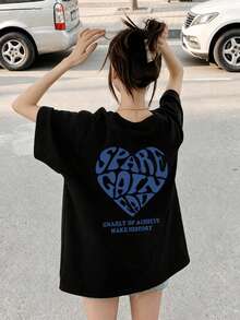 Women's Fashion Spring/Summer Loose Round Neck Simple Versatile Letter & Heart Print Short Sleeve T-Shirt Summer Clothing Casual Black - Black - View 2