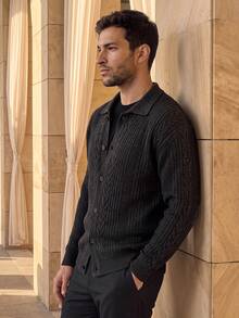 Jaket Kardigan Rajut Kabel Vertikal Vintage Pria, Sweater Longgar Bertekstur Hitam Abu-abu - Hitam - View 3