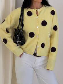 Women's Autumn/Winter Comfortable Warm Daily Fun Polka Dot Contrast Color Design Street Style Cardigan Sweater - Yellow - View 4