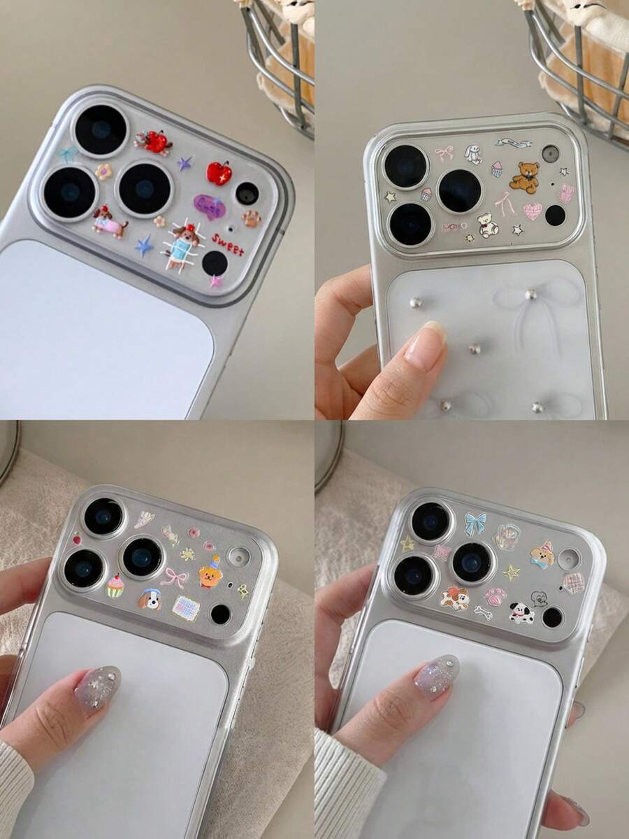Ins Creative DIY Lens Protector Tempered Glass Film + Stickers + Tweezers Set, Compatible With Iphone 17 Pro Max Phone Lens Film, Niche Cute Illustration High-Definition Anti-Scratch Apple Phone Protection Film - Checkered Bear - View 1