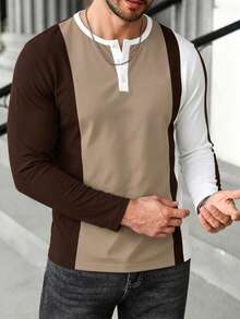 Men's Long Sleeve T-Shirt Color Block Patchwork Button Crew Neck Casual Top - Multicolor - View 1