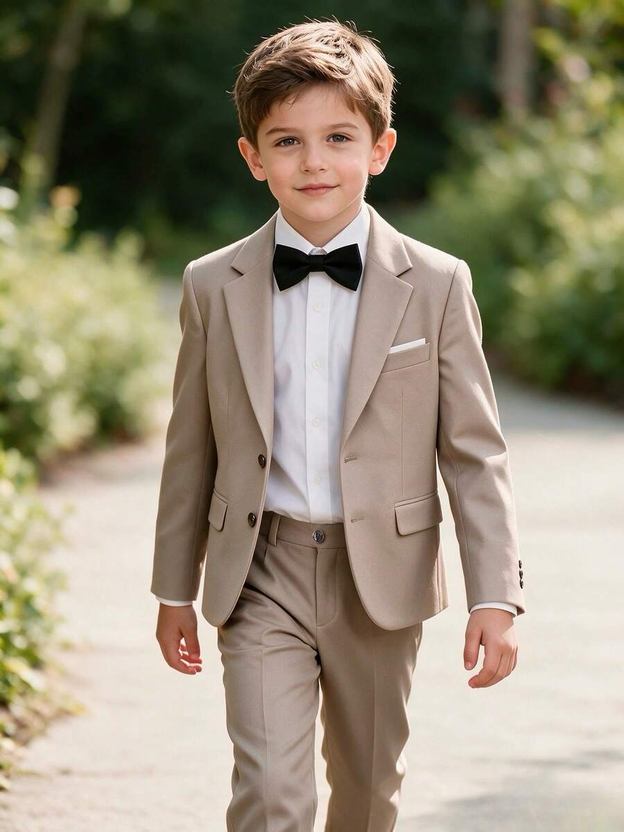 Boys Khaki 3 Pieces Suit, Blazer And Pants With Bow Tie, Formal Outfit For Wedding, Party, Birthday, Performance - Khaki - View 1