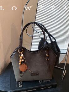 low tea 1pc Minimalist Buckle PU+Suede Shoulder Bag, Suitable For Commuting, Shopping And More (With Pendant) - Dark Green - View 4