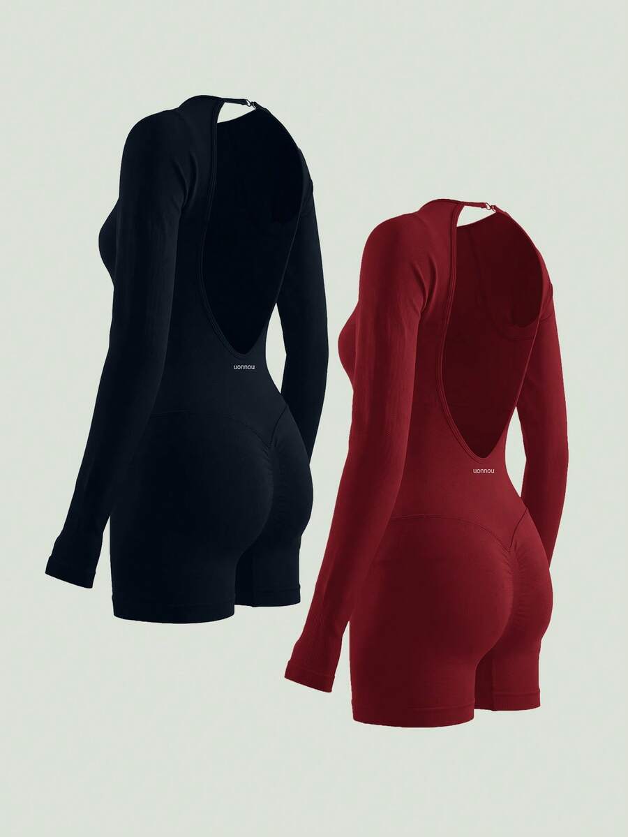 UONNOU 2 pcs Jumpsuit Fitness Lengan Panjang Punggung Terbuka, Jumpsuit Pendek dengan Tali yang Dapat Disesuaikan dan Lubang Jempol, 2 Warna - MultiWarna - View 1