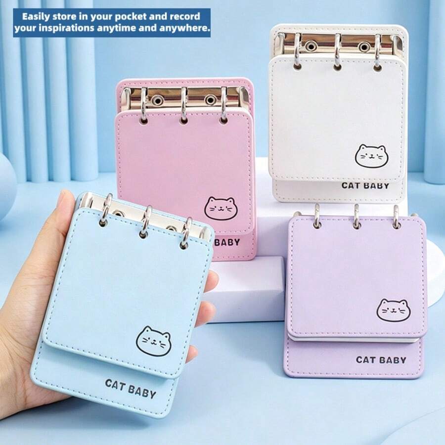 Mini PU Leather Loose-Leaf Notebook, Portable Pocket Memo, 3-Ring Binder Small Notebook, Cute Pocket Size Notepad, Suitable For School, Office Daily Planning Stationery - one-size - View 1