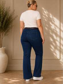 Push Up Tummy Hide High Waist Washed Blue Flare Leg Plus Size Woman Denim Jean - Navy Blue - View 3