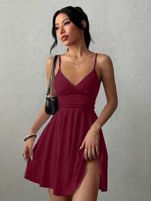 Vestido mini línea A con cintura fruncida, volantes en el bajo y tirantes ajustables, sexy, versátil para uso diario, elegante, nuevo lanzamiento primavera/verano, estilo vacaciones - Burdeos - Ver 5