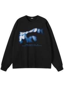 Tiny Spark Dark Streetwear Black Tee Shirt Long Sleeve Blurry Letters Graphic Graffiti Spray - Black - View 2
